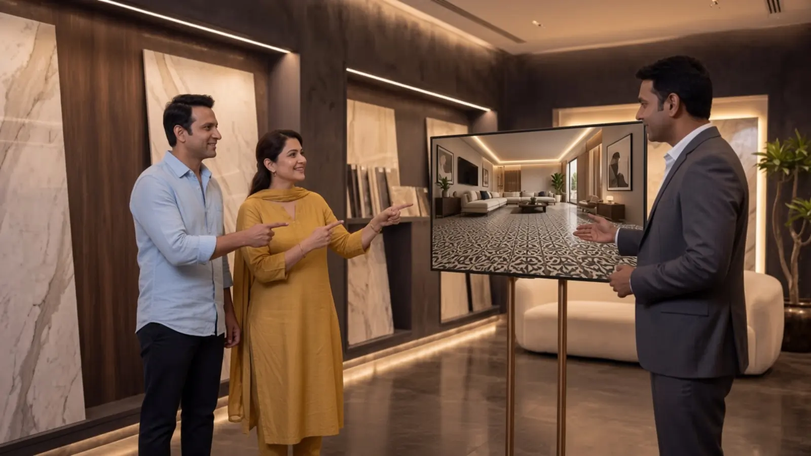 Illustrative photo of a couple and a salesperson pointing at their finished room, with a patterned floor, on the Ontron interactive TV.