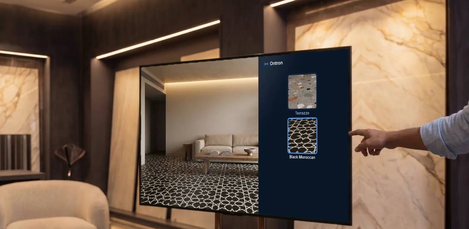 Illustrative photo of the Ontron TV in a lounge, showing a room rendered with a Black Moroccan floor.