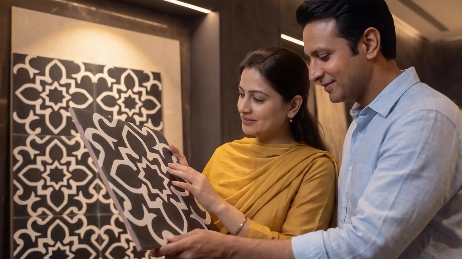 Illustrative photo of a couple in a showroom holding a Black Moroccan tile.